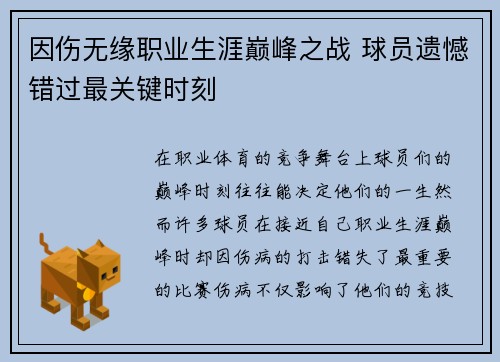 因伤无缘职业生涯巅峰之战 球员遗憾错过最关键时刻